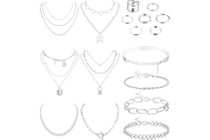 CASSIECA 17PCS Ensemble de Bijoux pour Femme Accessoires de Mode pour Adolescent Anniversaire Jour Cadeaux de Noël Filles Colliers Superposés Ensemble de Collier de Bracelet Anneau Simple