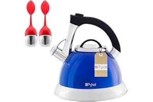Pykal Bouilloire Sifflante pour Cuisinière - 2,8 L - Bouilloire à Thé avec Poignée iCool en Inox - Theiere Electrique 5 PLY avec 2 Infuseurs pour Feu à Gaz ou Induction - Bleu