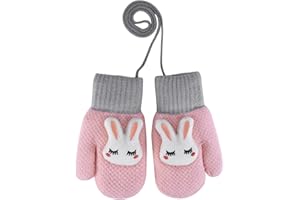 LONTG Moufle Enfant Hiver Gants Tricoté Chaud Garçon Fille 4-8 ans Gants avec Ficelle Anti-perdue Mitaines Complet Thermique Motif Lapin Mignon Gants Doublure Polaire pour Ski Neige Extérieur
