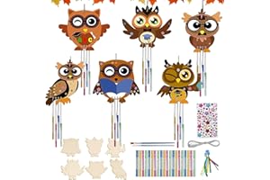 KOIROI Juego de 6 carillones de viento con búhos, juego de manualidades para niños, madera para otoño, carillón de viento, manualidades con 24 carillones de viento y pegatinas de piedras preciosas, búhos