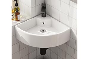 HOROW Lavabo pequeño de esquina con borde fino, pequeño lavabo colgante para invitados, lavabo de cerámica montado en la pared con orificio para grifo, lavabo de pared para baño, 46 x 31 cm