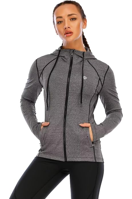 Flygo Women's Full Zip Cropped Workout Hoodie - Stretchy Athletic Jacket With Pockets, Long Sleeve