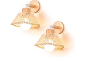 TOKIUS 2 Piezas Lámparas de Pared Interior Retro E27 Aplique de Pared Vintage de Madera Pantalla de Bambú Creativo Iluminación Ajustable Lámpara de Techo para Salón Dormitorio Comedor Pasillo (20cm)