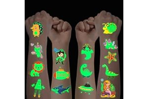 FLYFTREY Tatuaże dla dzieci, zestaw 10 arkuszy tymczasowych tatuaży, wiele wzorów, świecące w ciemności, tatuaże dziecięce, zmywalne naklejki, na urodziny dziecka, na torebki na prezenty, upominek, impreza