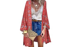 VANCAVOO Kimono Plage Femme Été Cardigan de Plage Paréo Boho Bikini Cover Up Manches Longues Long Shawl Imprimé Floral Cache-Maillots et Sarongs Beachwear
