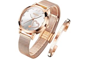 OLEVS Damenuhr Roségold mit Herz Diamant Schwarz Weiße Gesicht Quarz Armbanduhr Wasserdicht Gürtel Armreif Set