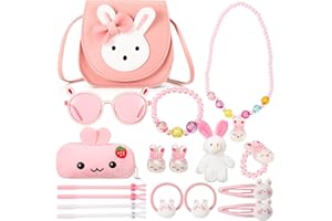PHOTECT 17 Pcs Girls Handbag Pink Jewelry Gift Set Rabbit Shoulder Bags Crossbody Bags with PU Leather Pendant Necklace Bracelet Ring and Earring Bunny Cartoon Sunglasses for Birthday Christmas Party Gifts