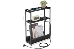 ‎VASAGLE VASAGLE Stolik pomocniczy wąski, stolik nocny z funkcją ładowania, stolik kawowy, mały, 3 półki, uchwyt na czasopisma, do salonu, sypialni, gabinetu, czarny czarny atrament LET335B02