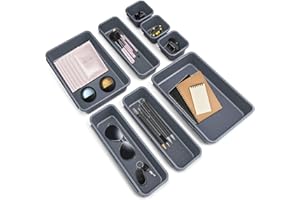 JIASHA Plastique Organisateur de Tiroir, 8 Pièces Bureau Tiroir Organisateur Maquillage Organiseur de Tiroir Rangement Plastique Séparateurs de Tiroir, pour le bureau cuisine salle de bain (gris foncé)