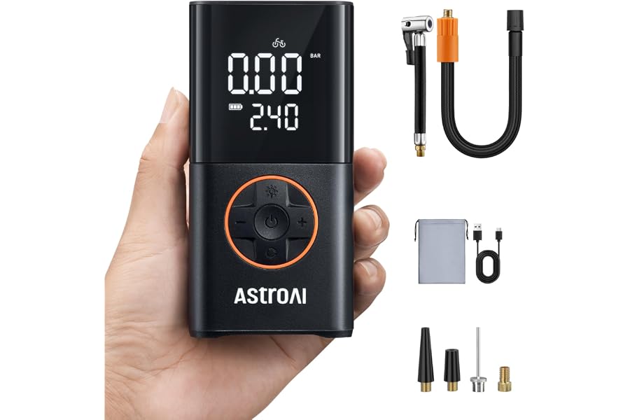 AstroAI Kabellose Elektrische Luftpumpe, Tragbare Akku Fahrradpumpe | mit alle ventile LED-Licht, Wiederaufladbare Reifenpump