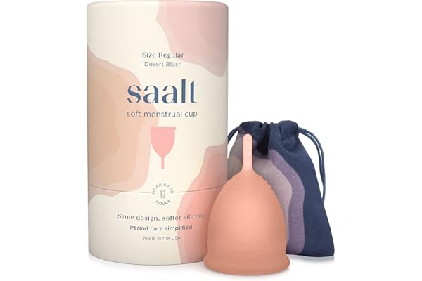 Saalt Soft Menstrual Cup – Coupe menstruelle réutilisable – Protection anti-fuites jusqu'à 12 heures – Sans BPA ni latex – Inclut une coupe et un sac de transport - taille Régulier, Blush