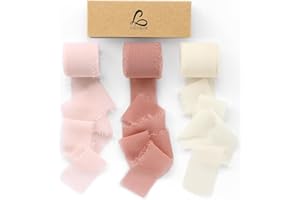 Ligtmor Ruban en Mousseline de Soie, Fait Main avec Franges, Total 3,8 cm x 19,2 m, Ruban Effiloché pour Invitations de Mariage, Bouquets de Mariée, Cadeaux Emballages, Bricolage