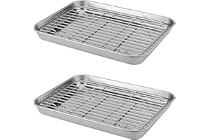 ZOENHOU Lot de 2 plaques de cuisson avec support, plaques de cuisson antiadhésives en acier inoxydable avec grille de refroidissement, moules à biscuits rectangulaires, plaques de cuisson au four,