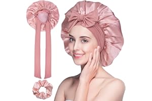 FANTASYON Berretto di Seta con Scrunchies, Cuffia Seta Capelli Ricci Capelli Notte Morbida e Confortevole Cuffia per Dormire in Raso per Donna e Ragazza(Rosa)