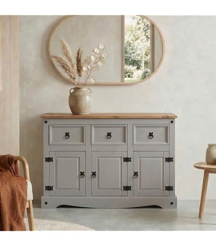 Meuble 3 Tiroirs étagère 122cm Console Entrée 3 Tiroirs IDIMEX Ramon - Meuble Pin Massif Gris/brun 122x73x32cm Console Rangement Salon