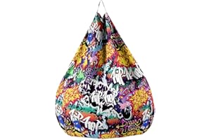 Treer Funda de Puff Sin Relleno para Adulto y Niños Bolsa de Frijoles con Patrón de Hip Hop Graffiti Vistoso Funda de Puff Pera Sofá Perezoso para Guardar Juguetes de Peluche (100x120cm,Estilo C)