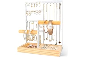 Damcyer Organizador para Joyas - Expositor con Bandeja - Soporte Para Aretes, Agujeros, Collares, Anillos, Pulseras, Relojes (Blanco)