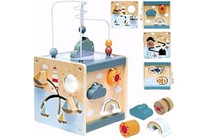 NUKDEY Cubo di Abilità Motorie in Legno per Bambini 6 in 1 Cubo Interattivo Gioco Multiattivita Giochi Giocattolo per attività Labirinto di perline Montessori Educativi per Ragazzi e Ragazze di 1 2 3 Anni