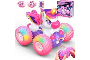 HappyGoLucky Macchina Telecomandata per Bambini Bambina, Unicorno Giocattolo, 2,4 GHz, Luce LED, Capovolte a 360°, Monster Truck Auto Giochi Regalo Bambina 3-12 Anni Femmina - Regali Natale