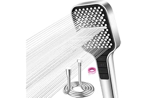 VEHHE Soffione Doccia con Tubo 1,5 m, 7 Modalità di Risparmio Idrico, Soffione Doccia Grande Regolabile con una Sola Mano, Soffione a Pioggia con Pulsante di Arresto e Ugello in Silicone Autopulente