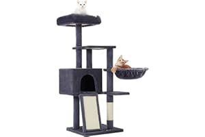 FEANDREA Drzewko dla kota, 135 cm małe drzewko, wielopoziomowy pluszowy drapak ze zmywalną, wyjmowaną grzędą, drapak, kosz, jaskinia, ciemnoszary