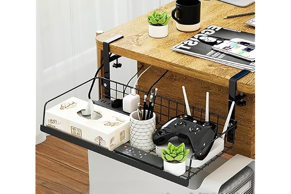 GEO FASHION Cable Tray, 17.3" Wide, Clamp Mount, No Drilling, Under Desk Wire Organizer Rack for Cord, Power Strip & Adapter Storage Black Metal