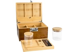 Viking Factory Caja de bambú grande con bloqueo de combinación, cerradura de caja decorativa para el hogar, bandeja | tarros de cristal | herramienta de accesorios (24 * 18 * 14cm Marrón)