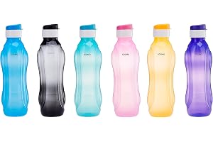 Amazon Brand - Solimo Plastic Water Bottle Set with Flip Cap (6 pieces, Multicolor, Wavy pattern)
