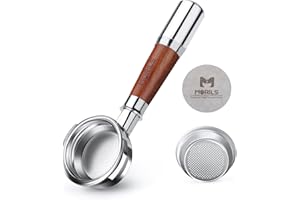 MORILS Portafiltro sin fondo de 58 mm, portafiltro sin fondo con cesta de filtro de doble disparo y mango de madera de nogal premium para máquinas de café E61, Rocket y todas las cafeteras de 58 mm