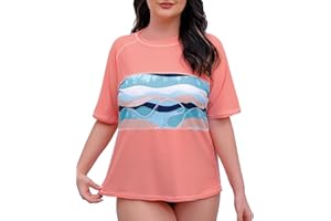 Halcurt Women's Plus Size Short Sleeve Rash Guard Sun Protection UV Swimming Shirt