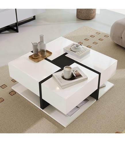 Table Basse Carrée Moderne Noire Brillante 70x70x35.5 Cm - Avec 2 Tiroirs Et Accents Dorés - Pour Salon Ou Bureau
