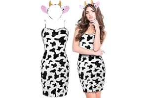 HAYSANDY Cow Costume Women Spaghetti Strap Bodycon Pencil Dress Cow Print Dress and Cow Headband Cow Costume for Party Cosplay