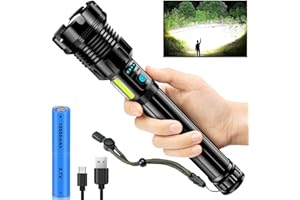 Glarylight Torch 250000 Super Bright Rechargeable, Led Torch 9 Modes with COB Side Light, Powerful Flashlight IPX7 Waterproof & Zoomable, Tactical Torch for Camping Emergency