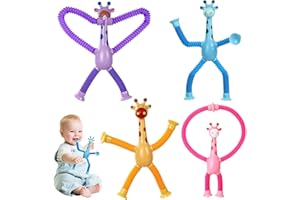LIVESTN 4 Stück Teleskop Saugnapf Giraffen Spielzeug, Giraffe Pop Röhren Sensorik Spielzeug, Giraffen-Teleskopspielzeug Pädagogisches Stress Spielzeug für Kinder