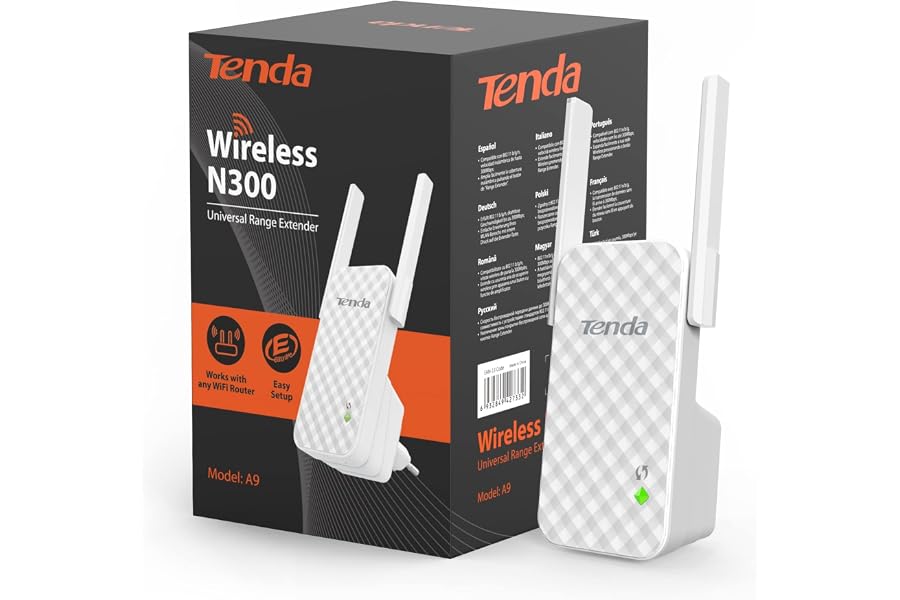 Tenda A9 N300 Repetidor de red Wifi Extensor Amplificador de Cobertura (300Mbps, 2 Antenas externas, Red Cobertura WiFi inala