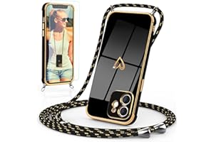 Togestar Handykette Hülle für iPhone 12 Handyhülle mit Band und Schutzfolie, Kameraschutz Herz Love Design 360 Grad Stoßfeste Schutzhülle Silikon TPU mit Kordel zum Umhängen, Schwarz