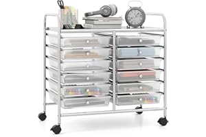 ‎GIANTEX GIANTEX Rollwagen mit 12 stapelbaren Schubladen, Schubladenwagen mit Rollen & Arbeitsplatte, Badrollwagen für Wohnzimmer, Küchen, Schlafzimmer & Büros, 64 x 38 x 62 cm (Transparent)