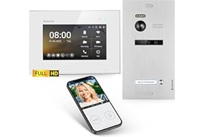 Balter EVO-HD Video Türsprechanlage, Video Türklingel, Smartphone App, 1 Familienhaus Klingel, 7 Zoll HD-Monitore, Full HD-Kamera, 2 Draht Bus, Gegensprechanlage mit 175° Weitwinkel