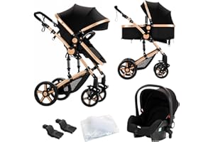 Nine point nine Poussette 3 en 1, Poussette Bebe avec Double Modes de Poussée Réversibles, Poussette Canne avec Grande Nacelle Confortable, Pousette avec Cadre Aluminium Haute Paysage (588 Black Gold)