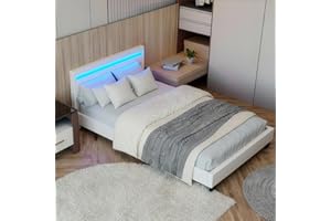 ‎JUSKYS Juskys Polsterbett Paris 120x200 cm mit LED-Beleuchtung, Lattenrost & Kopfteil, Bett mit Gestell aus Holz & Kunstleder Bezug, weiß