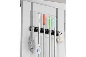 BS-VOG Portascope da Porta, Porta Scope con 4 Ripiani e 2 Ganci, Gancio Porta Scope in Legno Nero, Organizzatore Attrezzi per Lavanderia per Armadio Garage