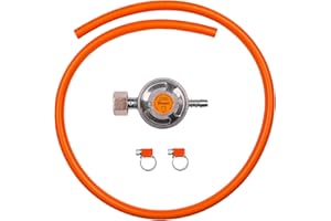 BFG Kit Regolatore Gas Propano-Butano, Include: Regolatore 37Mbar, Portata 1.5kg/h, Tubo Gas da 1m e 2x Fascette Stringitubo - Valvola di Sicurezza, Ideale per Grigliate