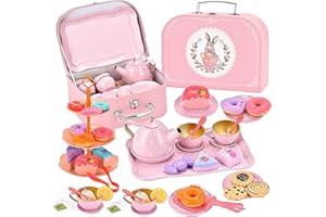 AIQI 46cs Teeservice Kinder, Puppengeschirr Kinderküche Tin Teekanne Set mit Lebensmitteln & Tragekoffer, Spielküche Zubehör für Kinder Küche Tee Party, Rollenspiele für Spielzeug Mädchen3-7Jahre
