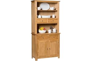 Hallowood Furniture Waverly Small Display Cabinet, Solid Wooden Dresser, Sideboard with Top, Light Oak Display Cabinet with 4 Drawers and Storage Cupboard for Kitchen and Living Room