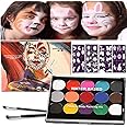 Halloween Face Paint Kit for Kids, Non-Toxic Face Painting Body Paints for Kids and Adults with 15 Water Based Colors, 2 brushes, 40 Tattoo Templates, Easy to Paint and Wash