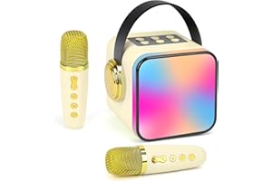 VIXKPIRR Mini Karaoke Maschine für Kinder, Tragbarer Bluetooth Karaoke Lautsprecher mit 2 kabellosen Mikrofonen, Karaoke Maschine für Heimparty, Geburtstags Geschenke für Mädchen und Jungen（Beige）