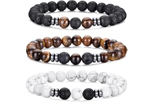 MOROTOLE Mens Beaded Bracelet Tiger Eye 8MM Natural Stone Beads Bracelet Set Adjustable Stretch Lava Rock Bracelets for Men Black Crystal Beaded Bracelets for Men Father Boyfriend Brother Gifts
