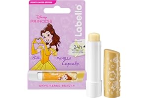 LABELLO Baume à lèvres Édition Limitée Disney Princesse Belle Vanilla Cupcake 1x 4,8g — Stick à lèvres hydratant pour enfants — Baume parfumé à la vanille