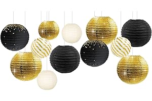 NICROLANDEE Black and Gold Party Decorations - 12Pcs Black Gold Metallic Foil Paper Lanterns Decorative for Birthday, Weddings, Baby Showers, Graduations, Garden Party, Anniversary Decorations