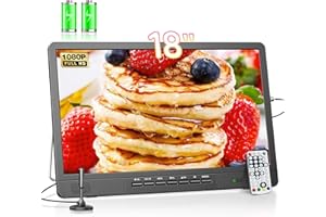 Desobry Télévision Portable 18 Pouces avec antenne, Mini téléviseur LCD avec Tuner DVB/T2, 12V TV 6000mAh Rechargeable avec Base Ronde pour Le Camping en Plein air, la Chambre à Coucher, la Cuisine